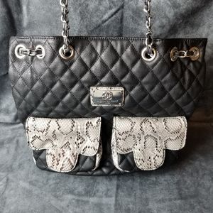 Original by SHARIF Designer Leather Black Snakeskin Pattern Quilted 3Way Purse